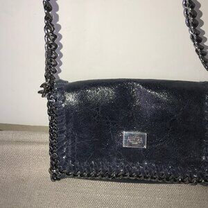 Allegra Borse in Pelle Crackle Blue Whipstitch Chain Crossbody Bag